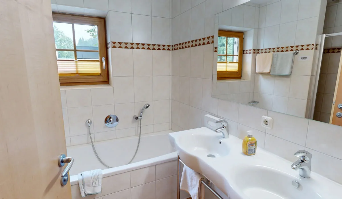 Badezimmer mit Badewanne, Waschbecken und Fenstern